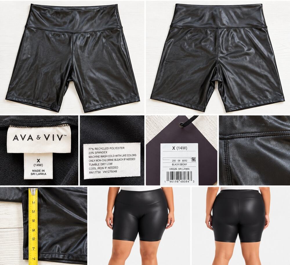 Ava & Viv High Waist Liquid Shine Biker Shorts Black Women’s X 14W NWT